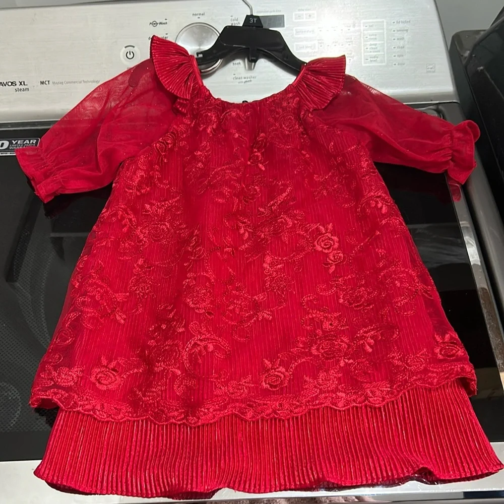 Girls 24 month formal fancy dress red lace roses flowers sparkle rare editions